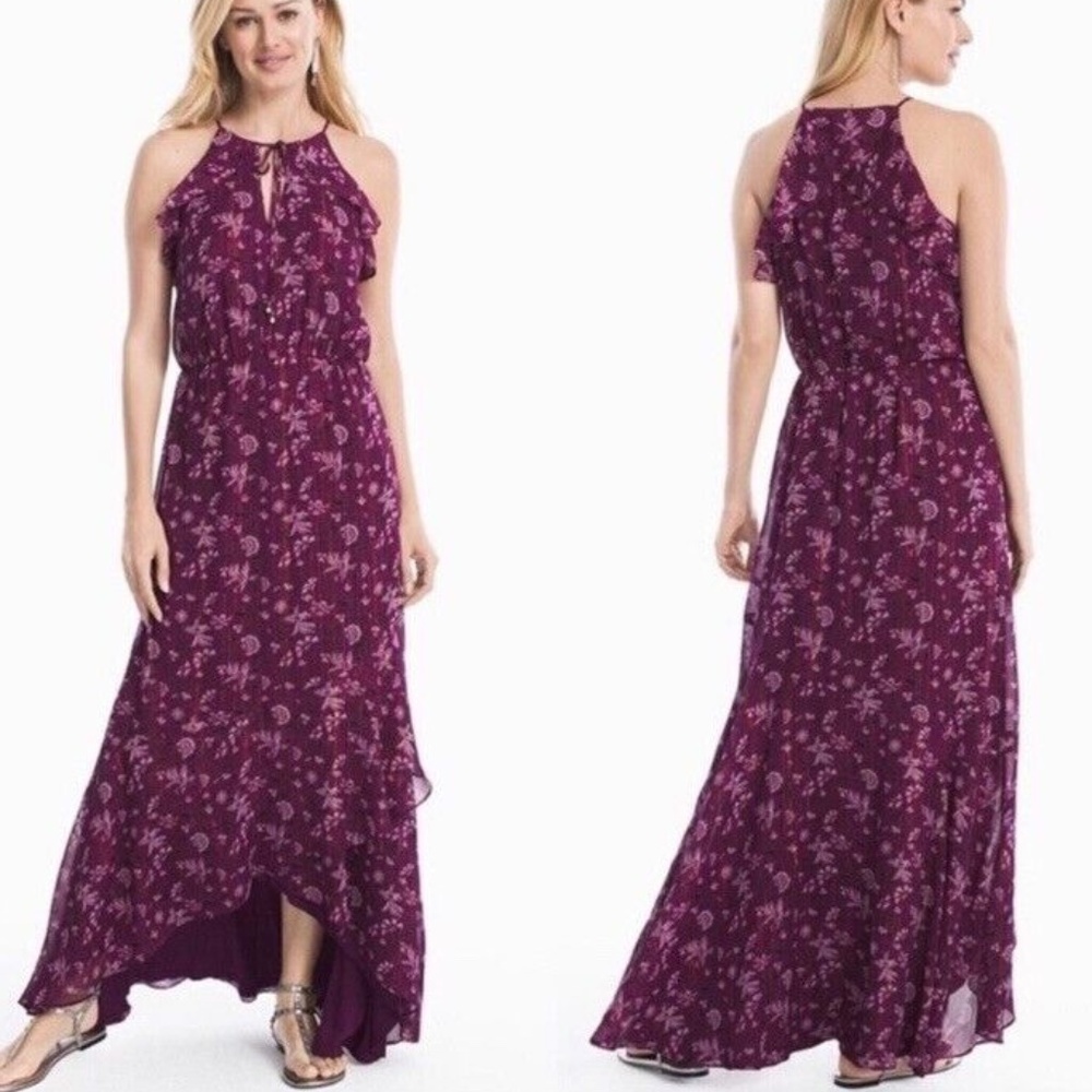 WHBM Dress Halter Purple Ruffle Floral Maxi Dress